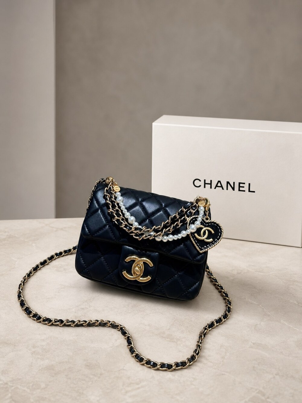 Chanel Pearl Chain Flap Designer Handbag | Mini Square